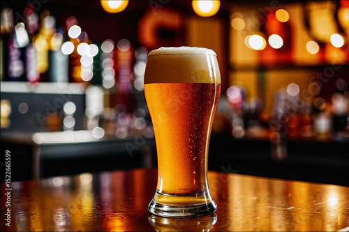 A glass of light beer on the bar counter in a bar. No people.