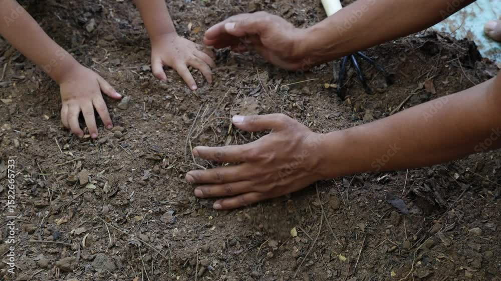 adult and baby hand removing unwanted things from garden soil manually on plastic sheet