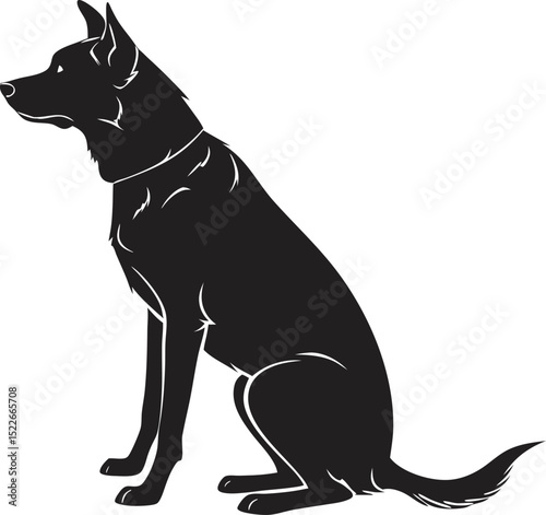 A black silhouette of a dog sitting with erect ears and a collar on a white background in vector art