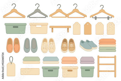 Seamless pattern of closet items including hangers, shoes, and storage bins