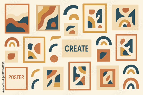 Colorful abstract posters with geometric shapes, bold lines, and rainbow motifs.
