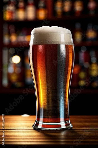 A glass of light beer on the bar counter in a bar. No people.