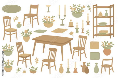Seamless pattern of cozy dining room decor in soft watercolor style