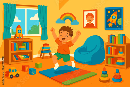 Bright and cheerful kids' playroom with toys, books, and a happy child