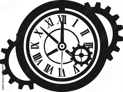 Steampunk Clock with Gears in Black and White Vector Illustration