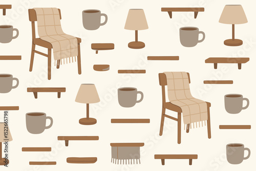 Seamless cozy home pattern with chairs, mugs, and lamps