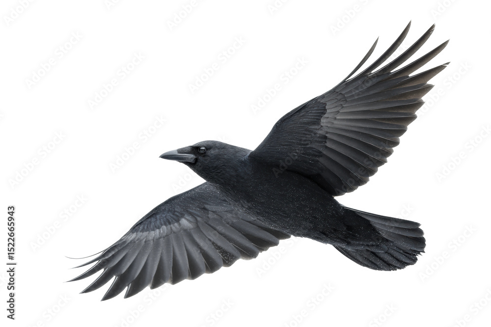 Fototapeta premium Majestic black crow in flight with outstretched wings on a dark background, cut out