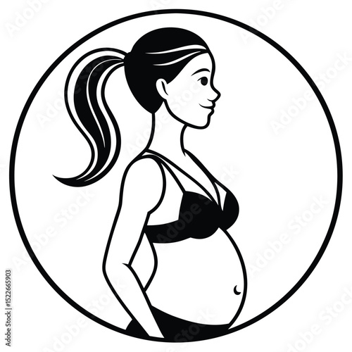 Pregnant Woman in Lingerie Silhouette in Circle Frame Black and White