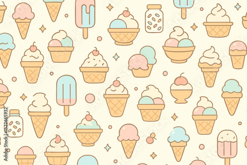 Colorful ice cream and dessert patterns feature various frozen treats in playful designs suitable for summer projects and celebrations