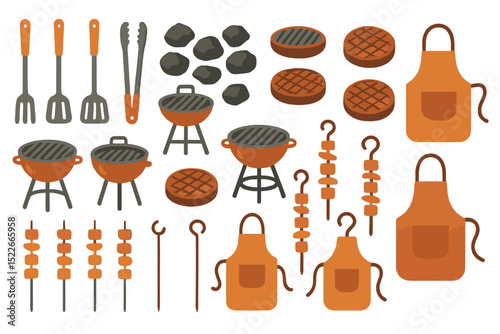 Seamless pattern of BBQ grills, utensils, aprons, and skewers