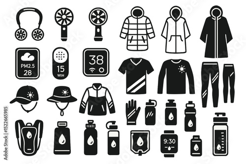 Set of outdoor gear and hydration icons in flat style