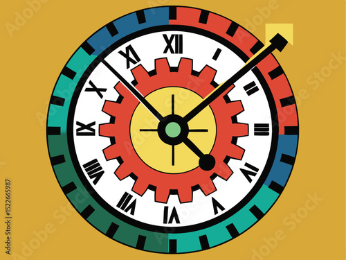 Colorful Steampunk Clock with Roman Numerals and Gear Design on Yellow Background