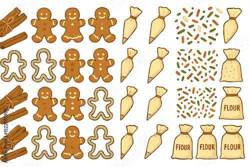Seamless pattern of gingerbread cookie baking with icing and flour