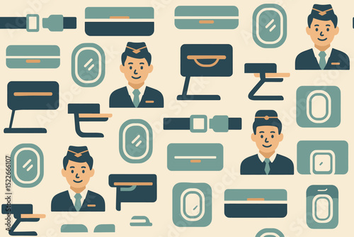 Travel-themed design featuring airline crew and travel-related icons in a modern pattern