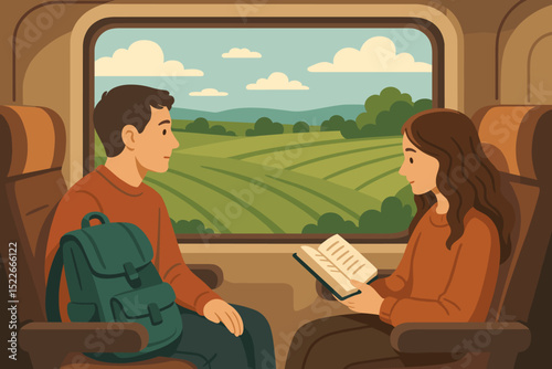 Couple enjoying a train ride while reading and admiring scenic countryside views on a sunny day