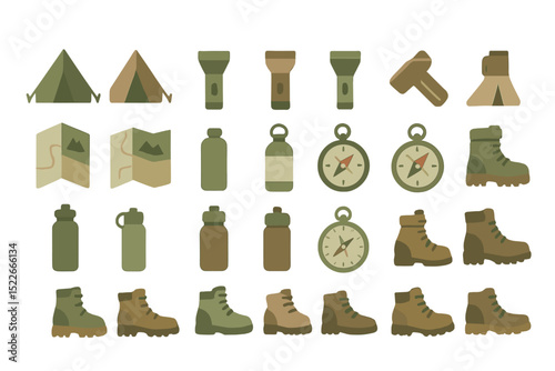 Camping gear icons with tents, maps, compasses, and boots