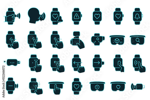 Illustrations of smartwatch features and functionalities in various interactive scenarios with icons depicting user engagement