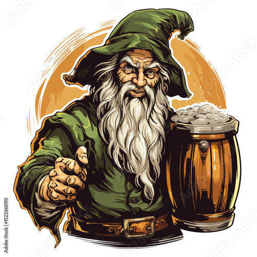 Illustration of a Cheerful Irish Elf Holding Beer Cup and Barrel in St. Patrick's Day Celebration