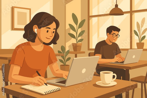 Illustration of students studying and working on laptops in café