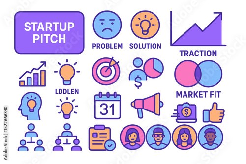 Colorful neon startup pitch infographic with icons for solution, traction, and market fit