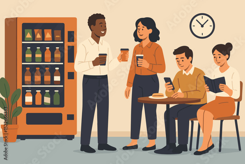 Office break room with coworkers socializing and vending machine