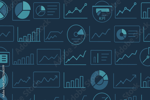 Seamless data dashboard icons with graphs and KPI charts on dark background