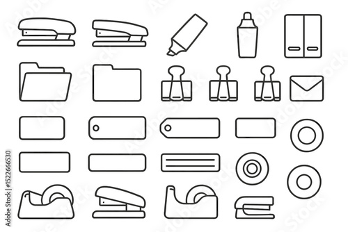 Black and white office supply icons on metallic gradient background