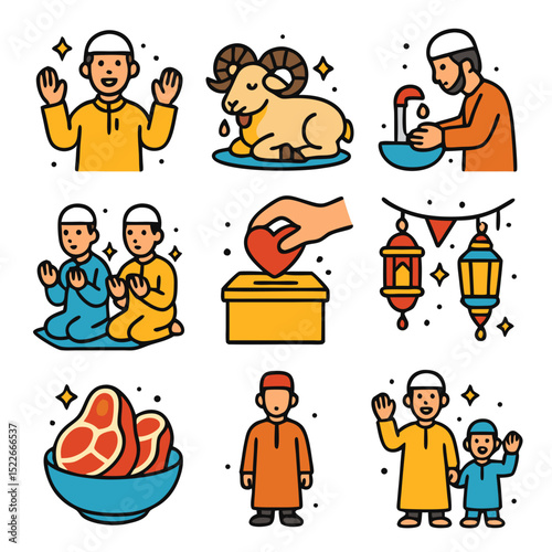 Eid Adha Ramadan icon pack traditions captured in vibrant colors and festive spirit, perfect for cultural diversity campaigns and holidaythemed content.