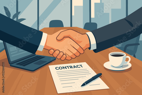 Handshake over signed contract in modern corporate office
