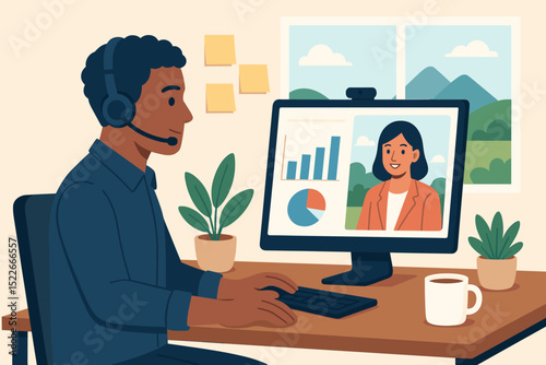 Man in headset on video call with charts and female colleague onscreen