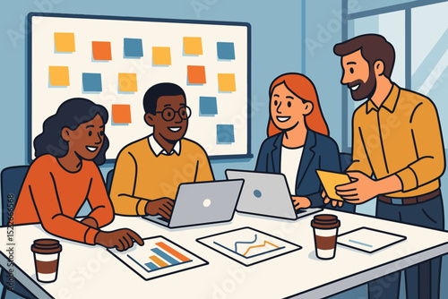 Illustration of diverse team collaborating in modern office meeting