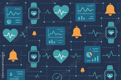 Seamless digital health pattern with smartwatches and charts