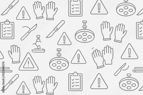 Safety equipment and tools pattern illustration featuring gloves, blades, and warning symbols in a repetitive design