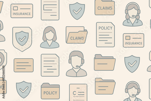 Background pattern featuring insurance icons like claims forms and customer service representatives used for digital design