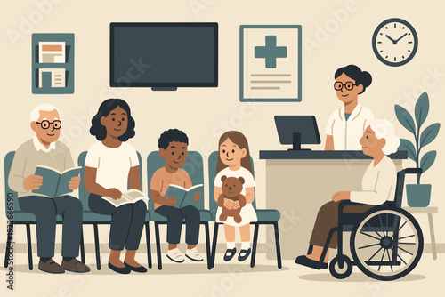 Group of diverse people waiting in a cheerful healthcare setting during the day with a nurse and a patient