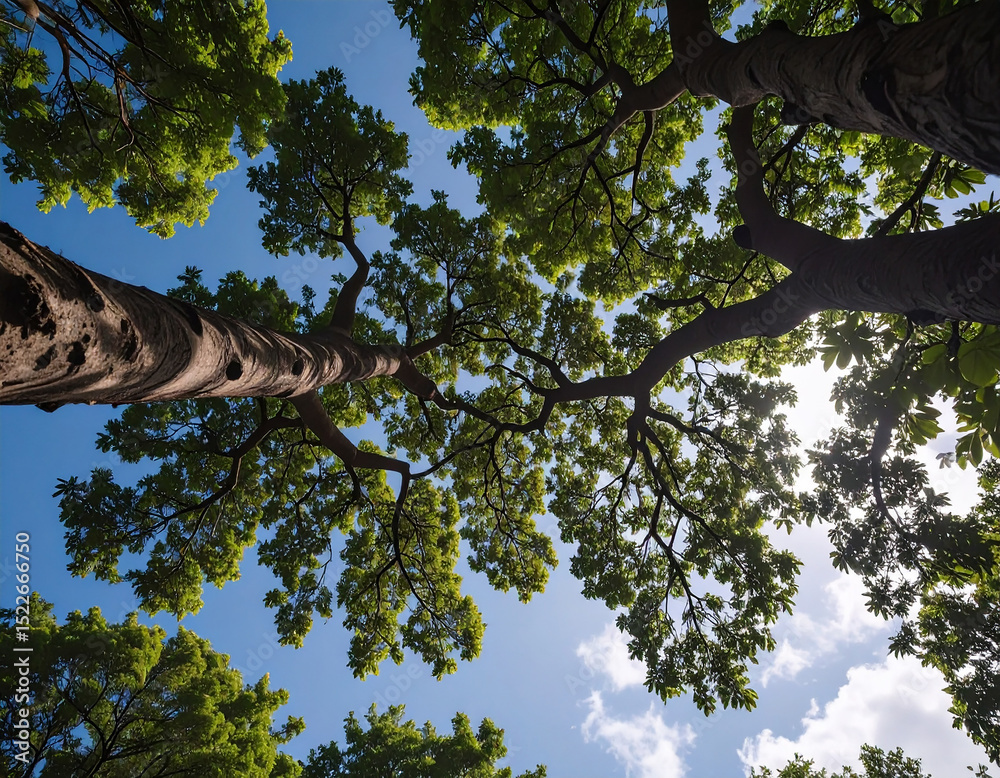 Fototapeta premium Photo taken from beneath a tree, showing branches and green leaves 
