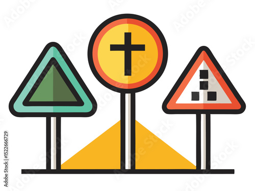 Illustration of three different road signs with black outlines on a white background