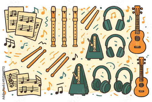 Musical instruments and accessories arranged with notes and sheets, perfect for a creative music-themed setting