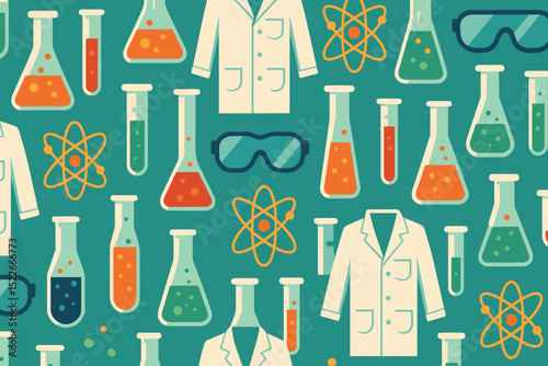 Elements of science depicted in colorful laboratory equipment and lab coats