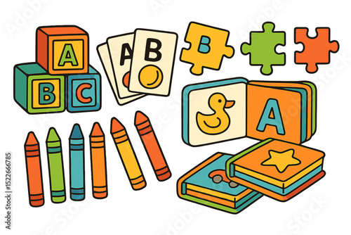 Colorful educational toys for toddlers featuring blocks, crayons, cards, and puzzles in a playful arrangement