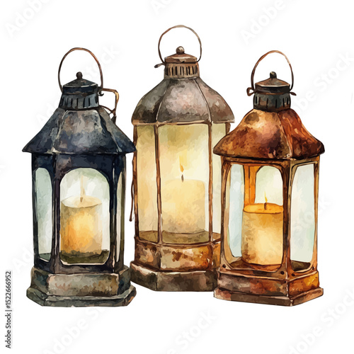 watercolor of Outdoor Lanterns, vector high quality, isolated on a white background.