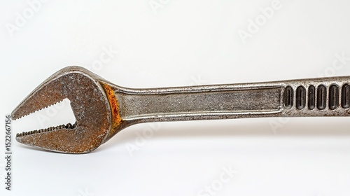 Weathered adjustable wrench with serrated jaws, showing significant rust and wear on its metallic surface, against a plain white backdrop.  The knurled grip is partially visible