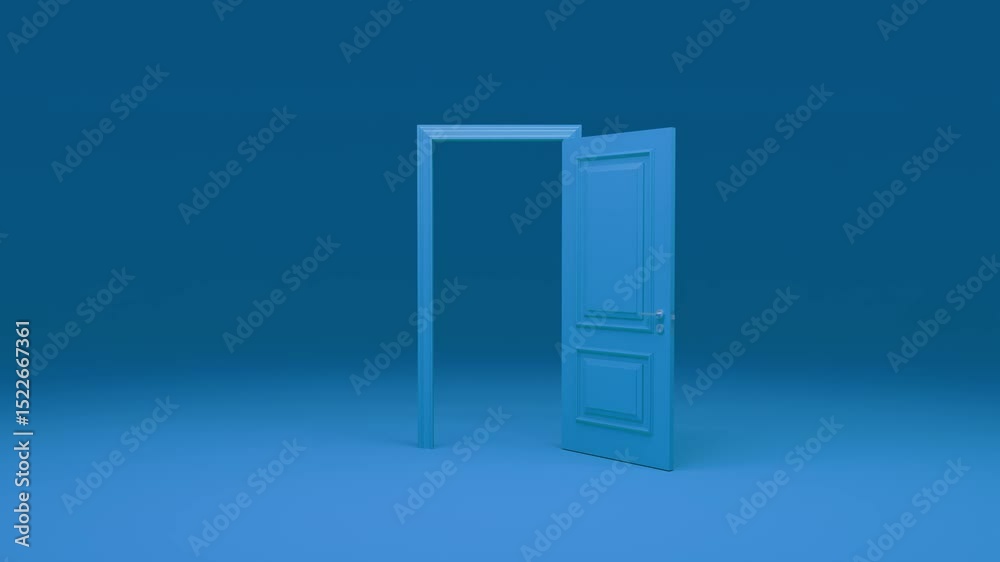 Blue minimalist door gradually opening against blue background. Revealing potential symbolic passage representing opportunity. Transition. And new beginnings within contemporary architectural design