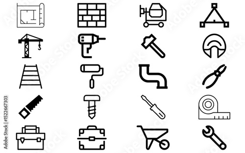 Construction & Tools icons vector set. Hammer, wrench, screwdriver, drill, helmet, saw, blueprint, and toolbox symbols pack

