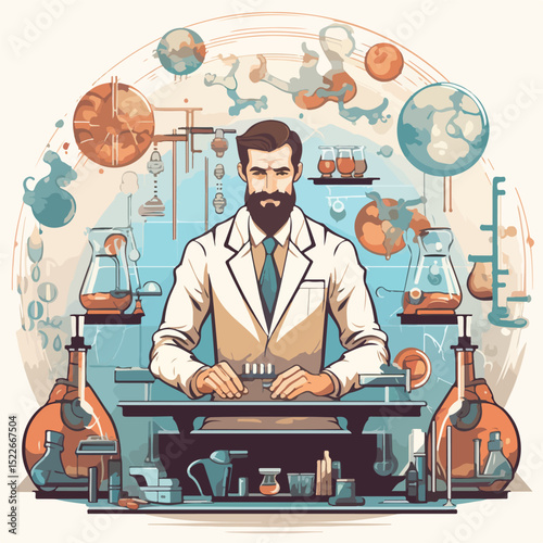 Professional Medical Research Vector Illustration of a Man in Lab Conducting Experiment