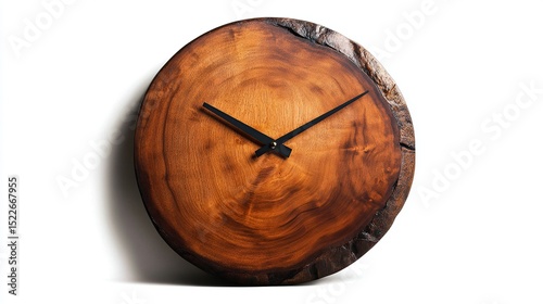 Rustic circular wood wall clock with simple black hands, showcasing natural wood grain and a live-edge design, set against a stark white background, casting a subtle shadow