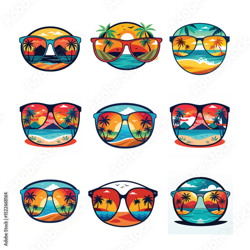 A grid of nine pairs of sunglasses, each featuring vibrant, illustrated beach scenes within the lenses. Each design blends colorful hues and playful elements, evoking a sense of summer and relaxation.