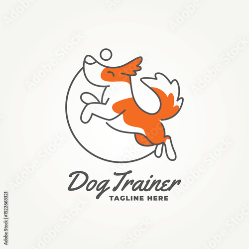 minimalist happy dog jumping playing ball icon logo vector illustration design. simple modern dog trainer, dog sitter, dog lover emblem logo concept