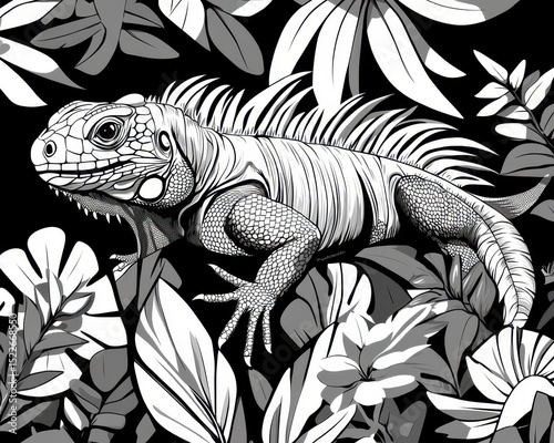 Iguana Illustration. Black and White Lizzard of the Forest