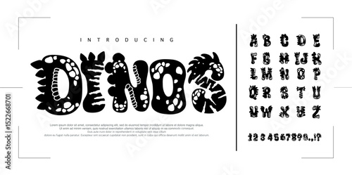Font Dinos Dinosaur alphabet vector set with cute hand drawn letters and numbers in black white colors with texture dino effects. Comic fun kid typography design in flat cartoon style. 